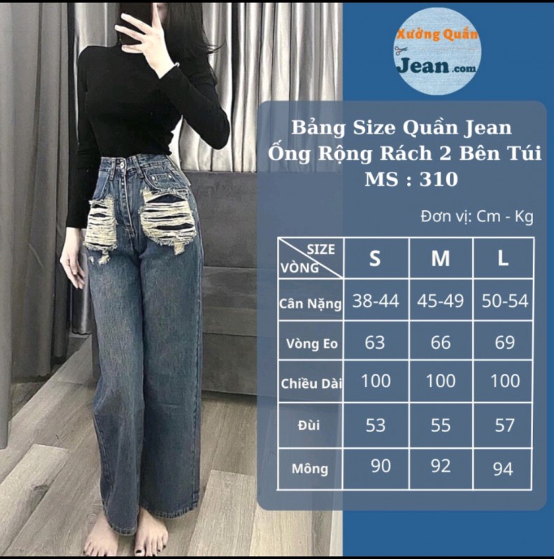 Quần Jeans Nữ Ống Rộng Cào Rách 2 Bên Túi Lưng Cao Siêu Phá Cách Màu Xanh Đậm - 310.2