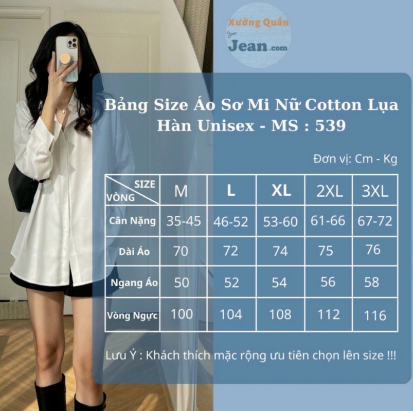 Áo Sơ Mi Nữ Form Rộng Dài Tay Cotton Lụa Hàn Unisex Màu Trắng Cực Xinh - 539.1