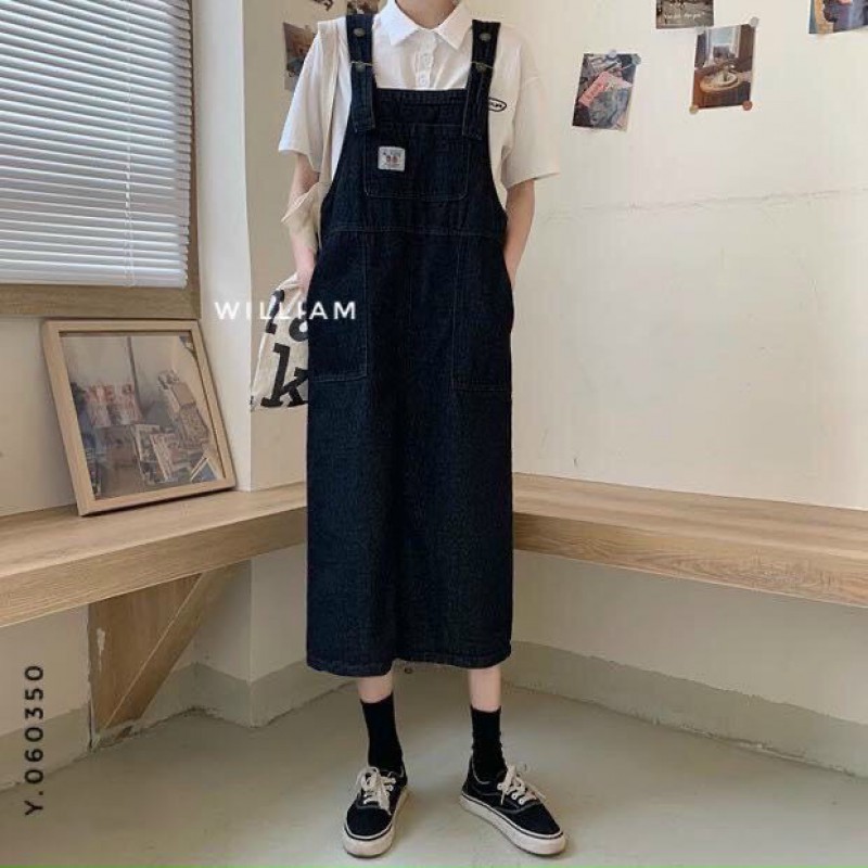 Yếm Váy Jean Dài Nữ Chất Bò Phối Túi Lớn Trước Ngực Phong Cách Hàn Quốc 013