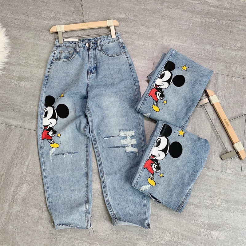 Quần Baggy Jeans Rách In Hình Mickey Năng Động Cá Tính