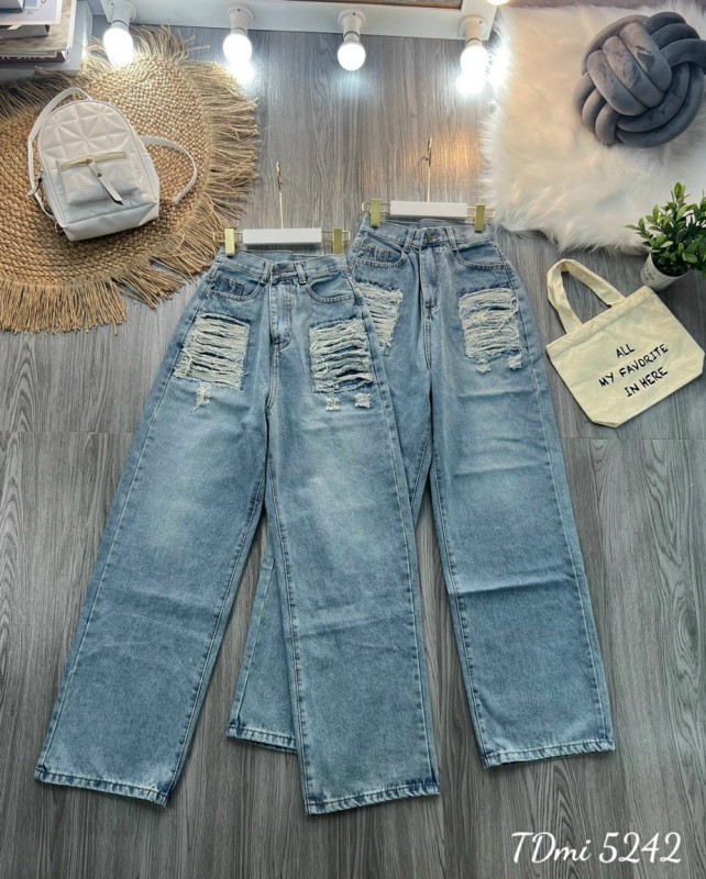 Quần Jeans Nữ Ống Rộng Cào Rách 2 Bên Túi Lưng Cao Siêu Phá Cách Màu Xanh Nhạt - 310.1