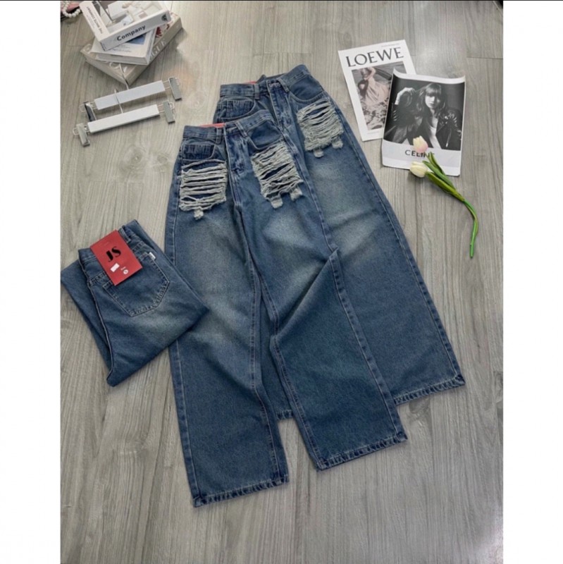 Quần Jeans Nữ Ống Rộng Cào Rách 2 Bên Túi Lưng Cao Siêu Phá Cách Màu Xanh Đậm - 310.2
